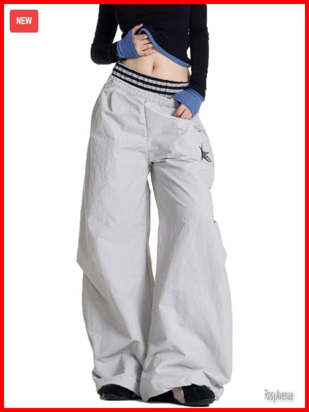 Double Waistband Parachute Pants Y2K Baggy Wide Leg Star Print Streetwear Cargo